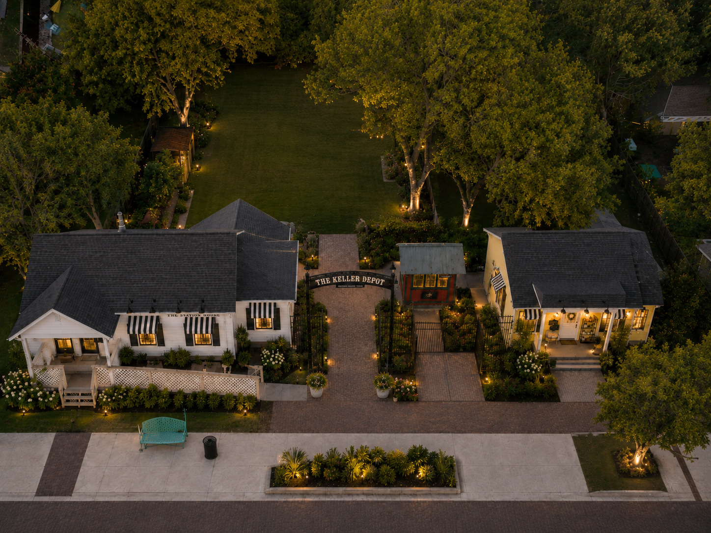 The Keller Depot at dusk — a reimagined gathering destination in Old Town Keller, Texas